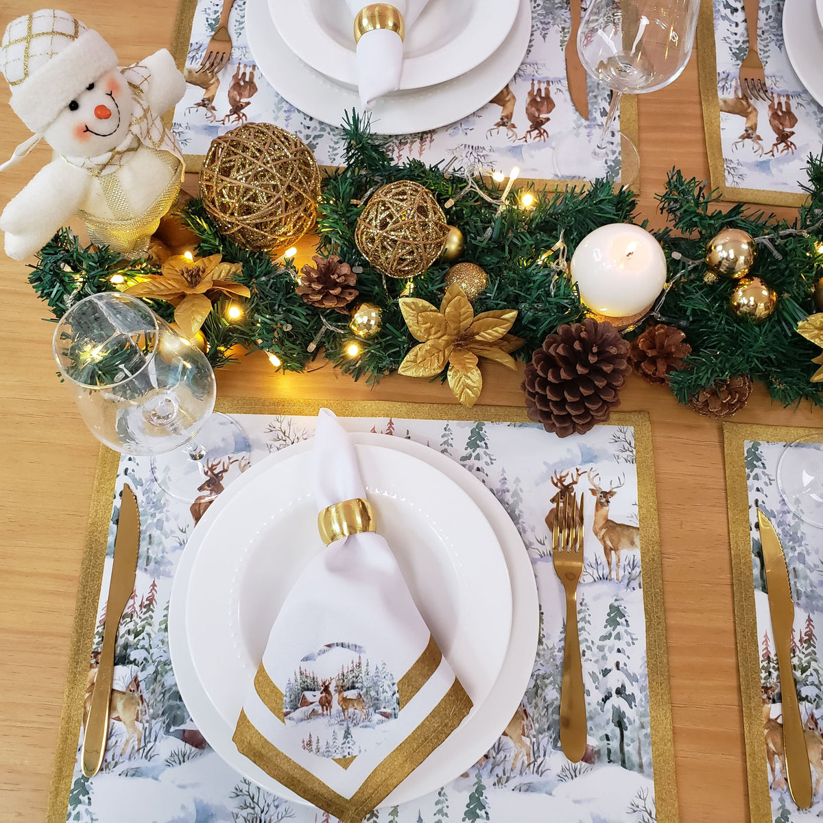 Set of 4 Placemats Christmas Reindeer Cloth Waterproof 17" by 13" - Gold