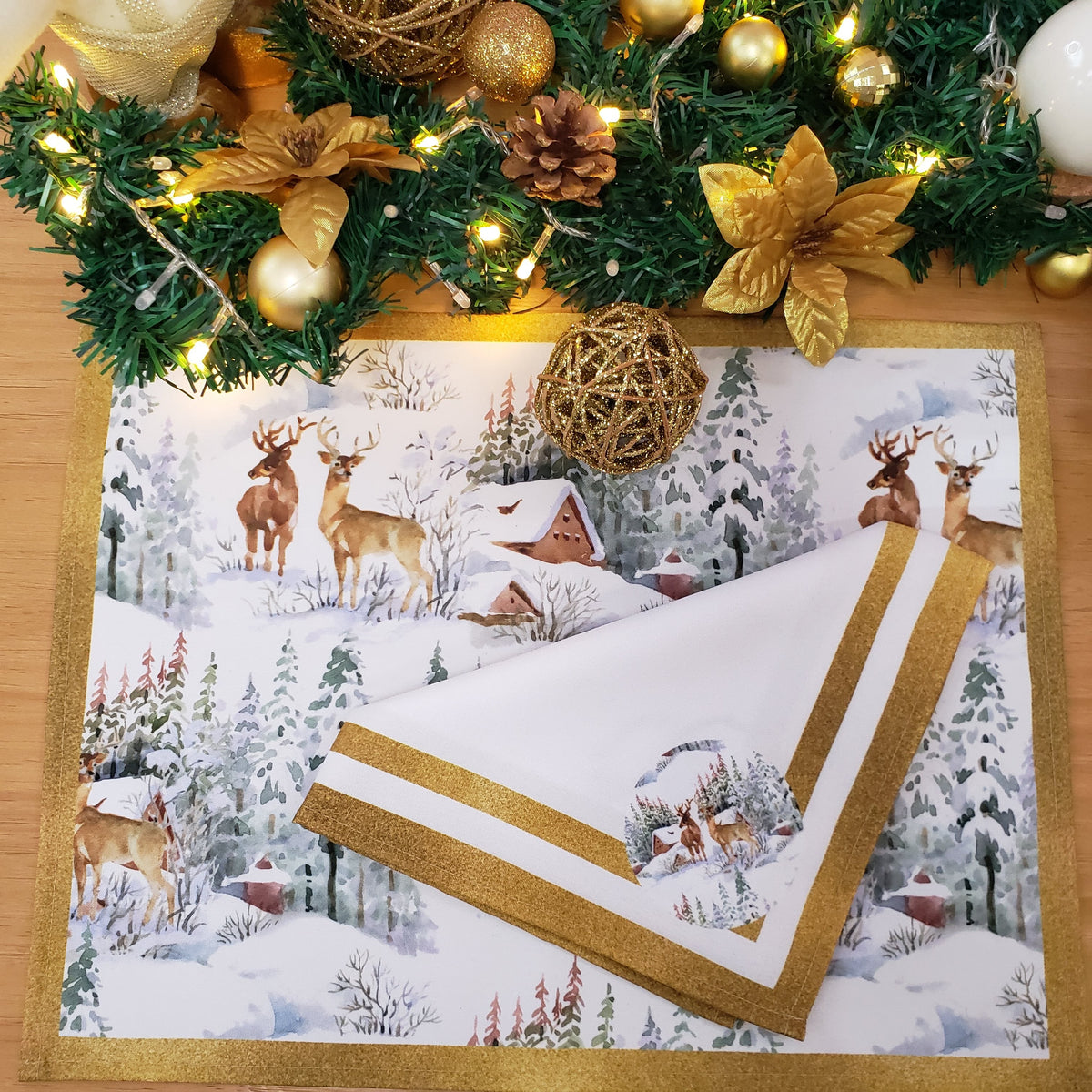 Set of 4 Placemats Christmas Reindeer Cloth Waterproof 17" by 13" - Gold