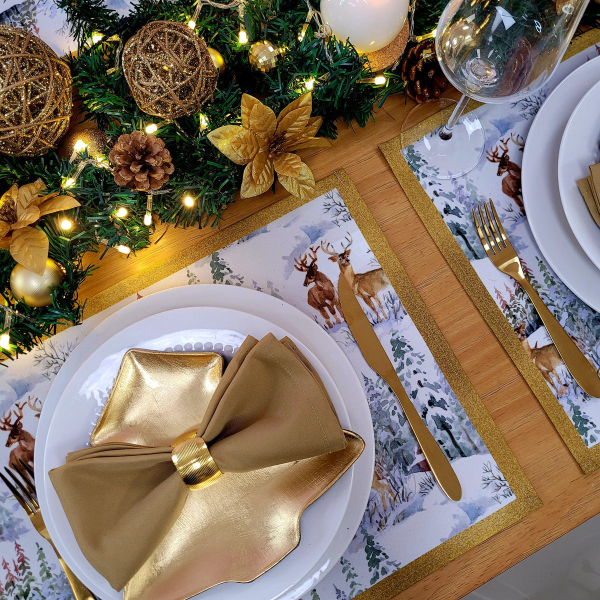 Set of 4 Placemats Christmas Reindeer Cloth Waterproof 17" by 13" - Gold