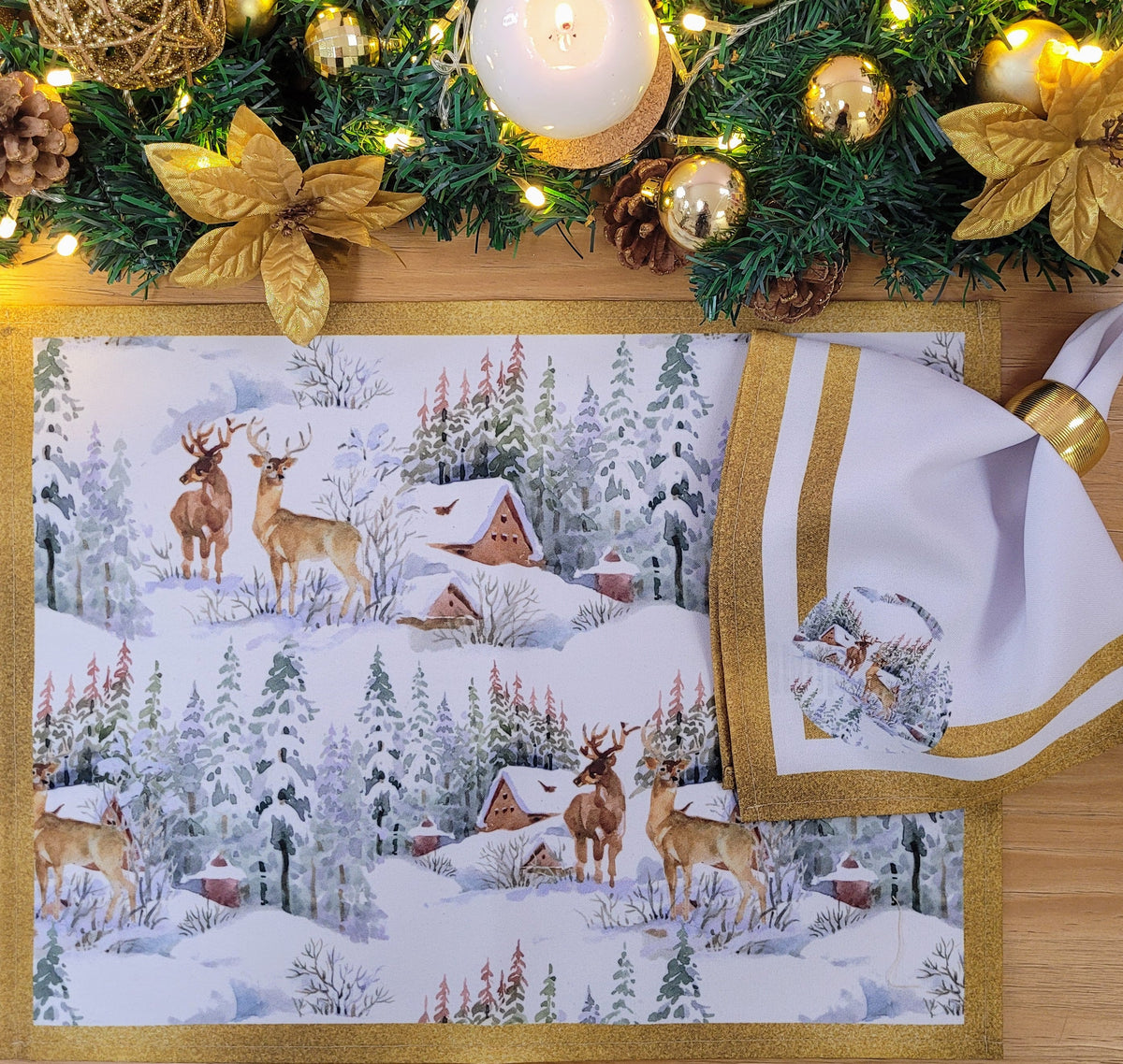 Set of 4 Placemats Christmas Reindeer Cloth Waterproof 17" by 13" - Gold