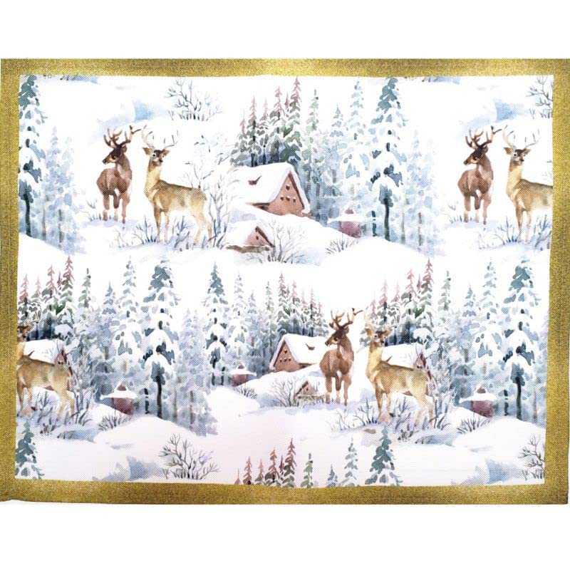Set of 4 Placemats Christmas Reindeer Cloth Waterproof 17" by 13" - Gold