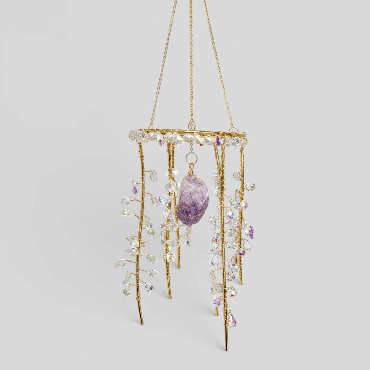 Hanging Gold Metal Suncatcher with Clear Prismatic Beads & Amethyst Stone - Jelly Fish