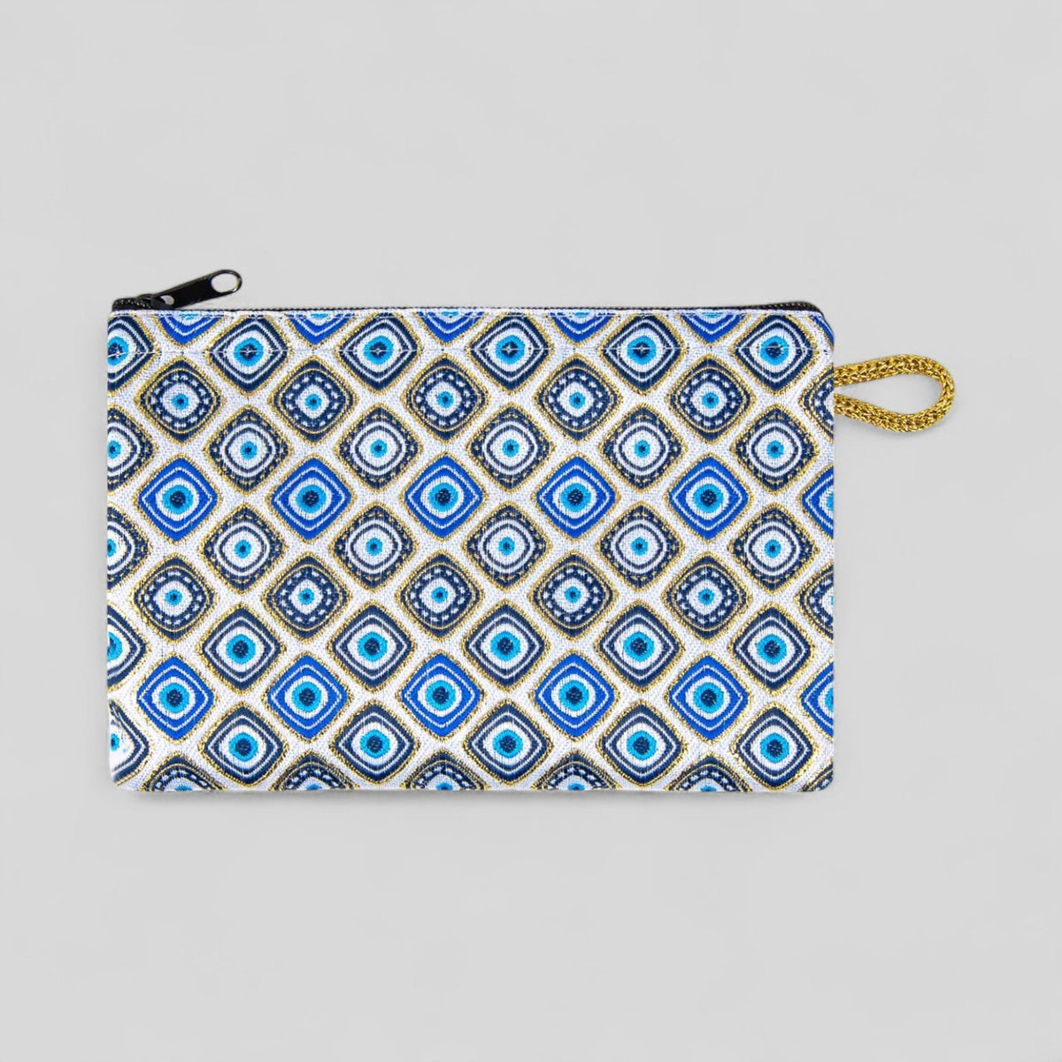 Cute Mini Square Evil Eye Pattern with Gold Accents Woven Zipper Coin Purse