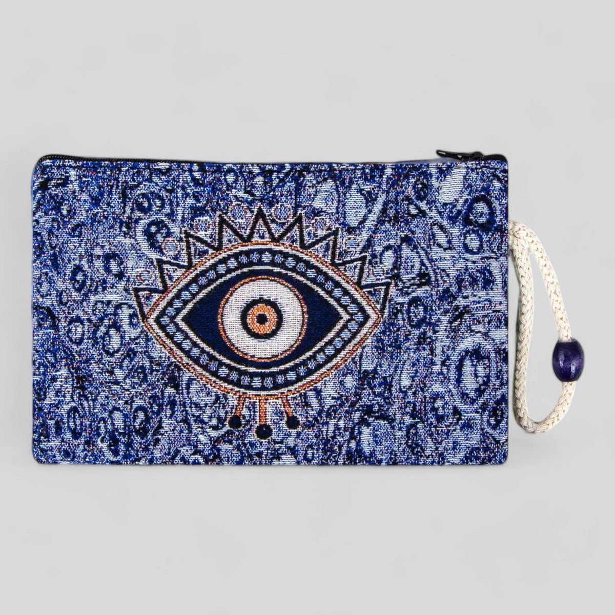 Authentic Kilim Fabric Ottoman Blue Evil Eye Design Zipper Clutch Purse, Turkish Carpet, Pouch, Coin Purse, Wallet, Small Storage